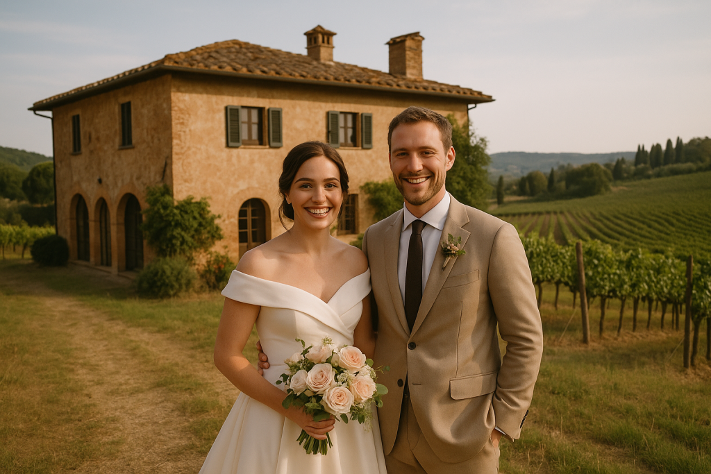 Wedding couple in Tuscany standing in front of vineyard villa