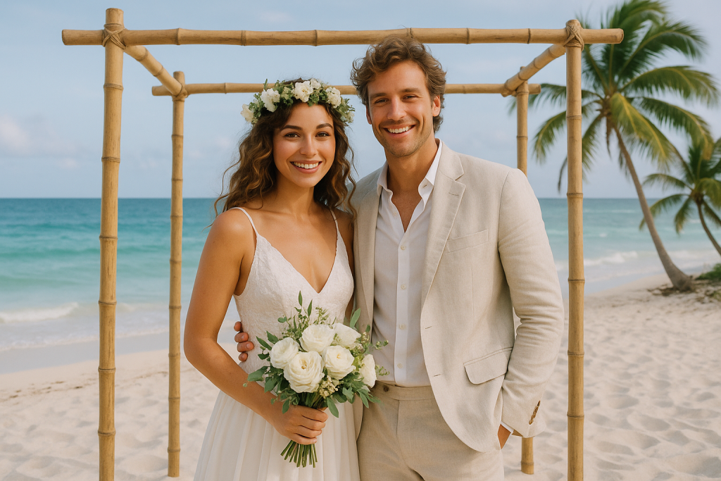 Beach wedding couple in Tulum under floral arch