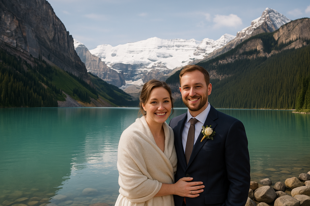 Banff wedding couple smiling in front of mountain lake