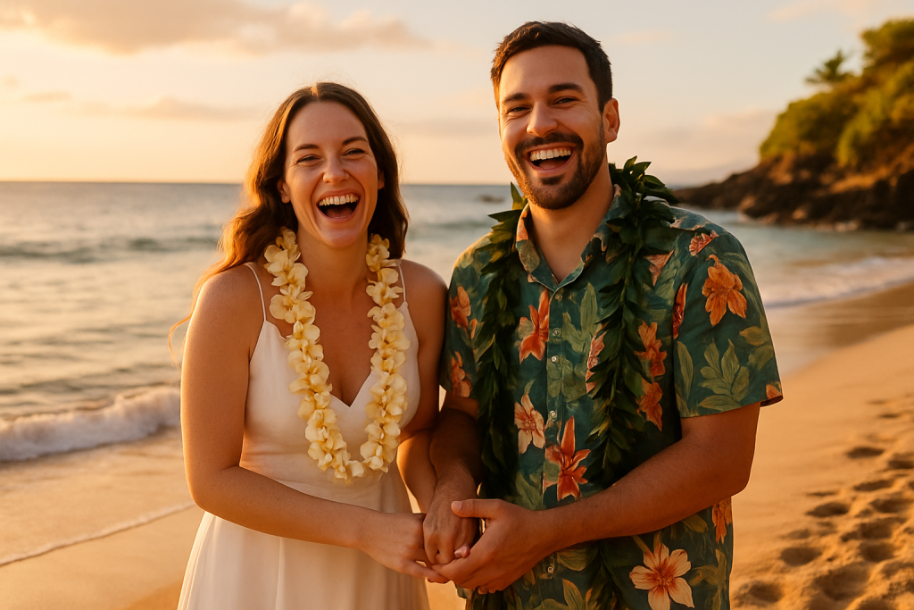 Smiling couple during Hawaiian beach wedding