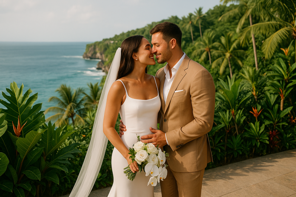 Bali wedding couple smiling near ocean-view villa