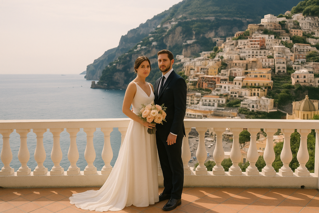 Amalfi Coast wedding couple on scenic Italian terrace