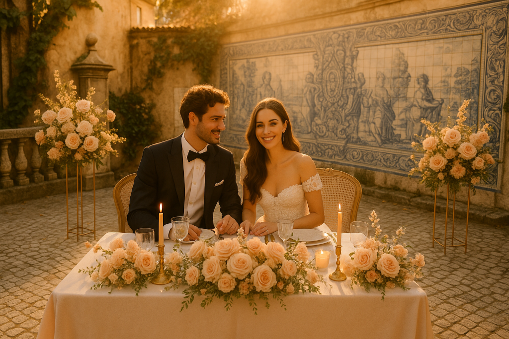 Couple at courtyard wedding in Lisbon with tile backdrop
