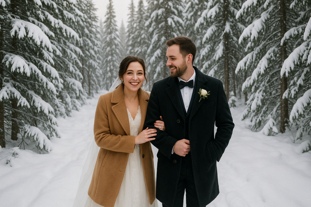 Winter wedding couple smiling in Whistler snowy forest