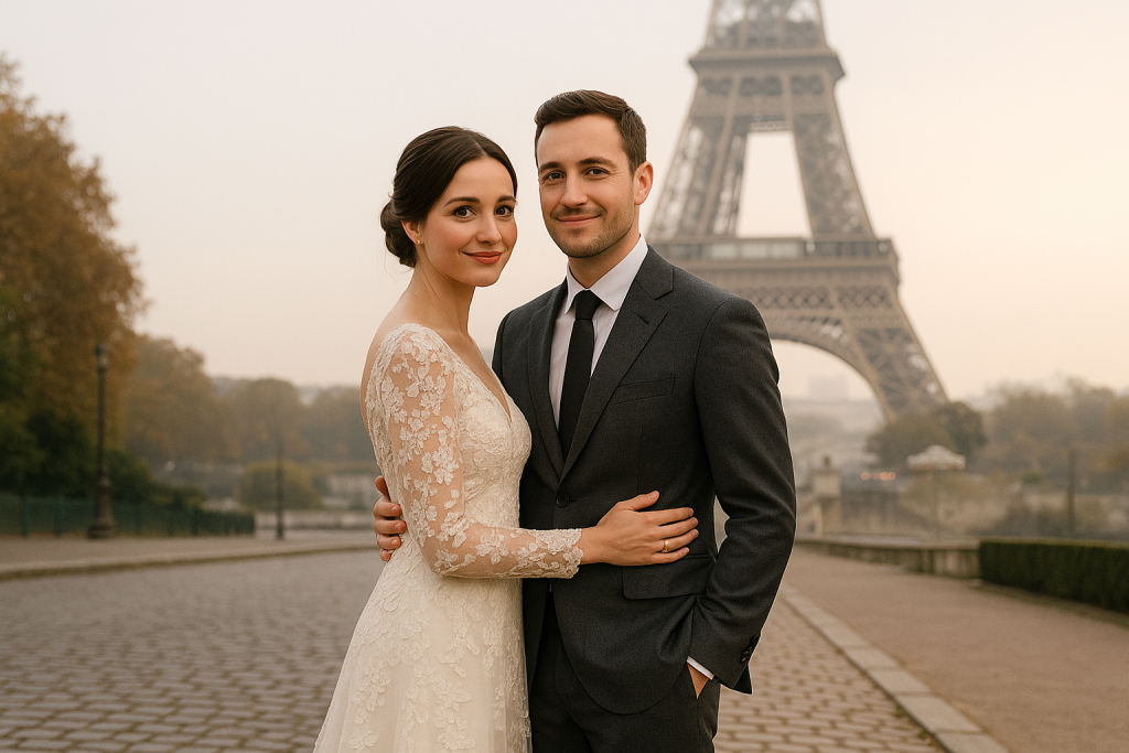 Paris wedding couple with Eiffel Tower backdrop