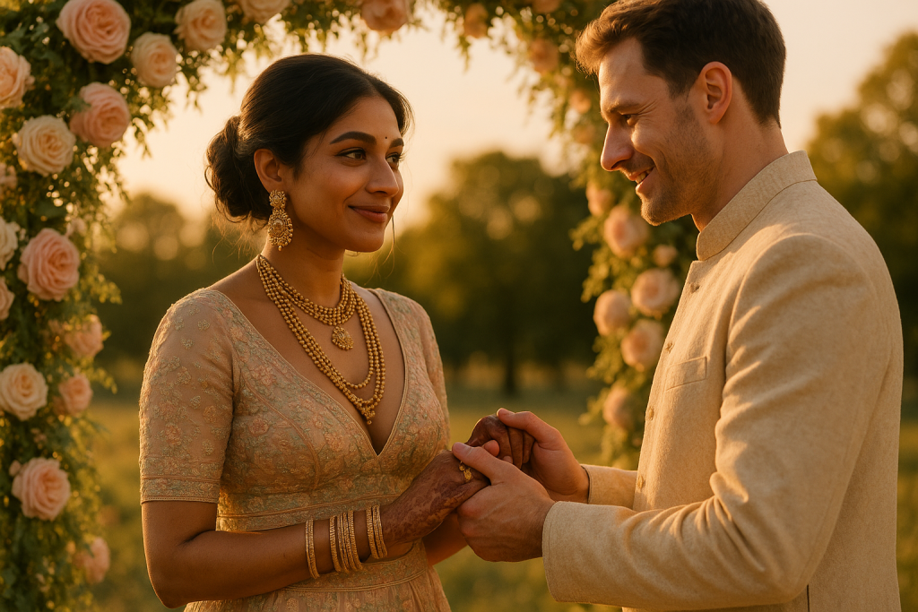 South Asian bride and Canadian groom holding hands under a floral arch at VanDusen Botanical Garden.