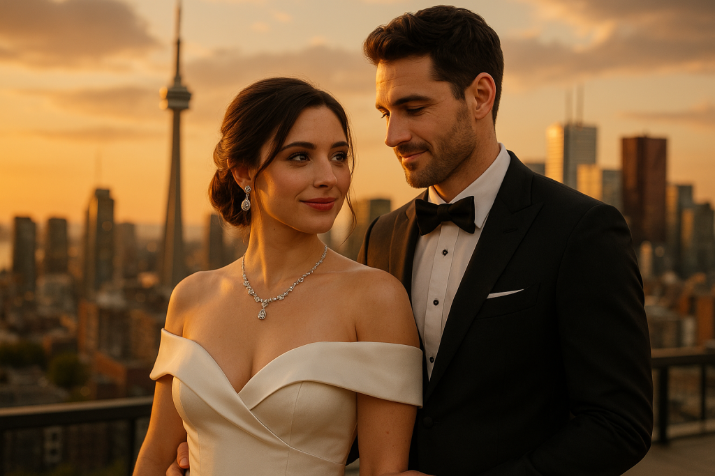 Bride in a modern off-shoulder gown and groom in a black tuxedo sharing a joyful moment at a Toronto rooftop wedding.