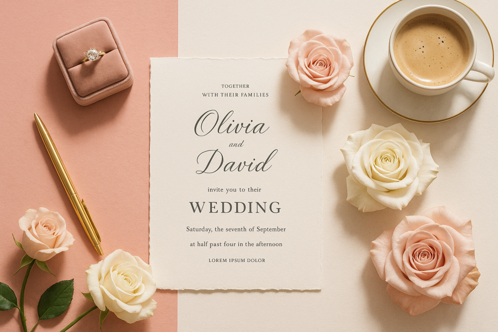 Top-down flat-lay of luxury wedding accessories including a velvet ring box, handwritten invitation, blush and white rose bouquet, gold pen, and a porcelain coffee cup on a pastel background.
