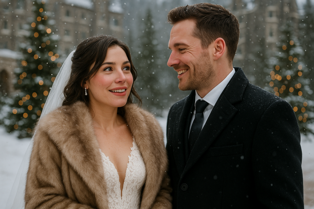 Bride in a luxurious fur shawl and groom in a navy overcoat smiling under gently falling snow at Fairmont Banff Springs.