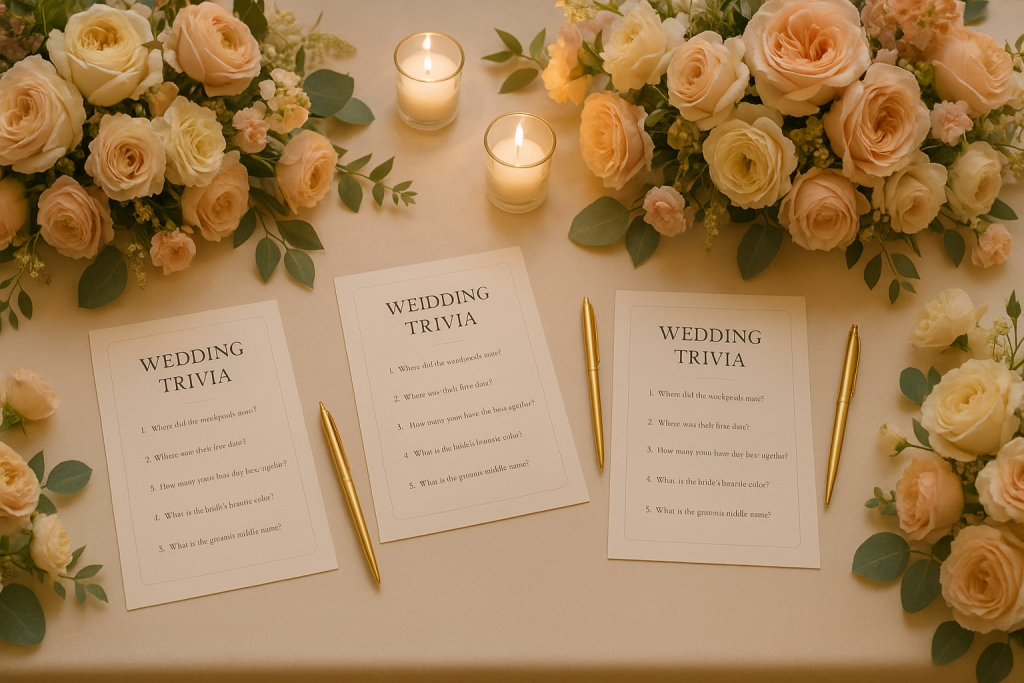 Trivia cards laid on a decorated wedding table with floral accents