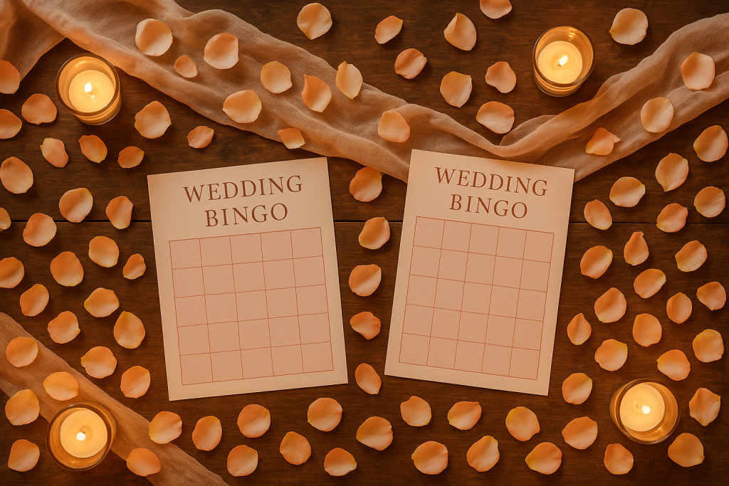 Elegant wedding bingo cards on a rustic wooden table.