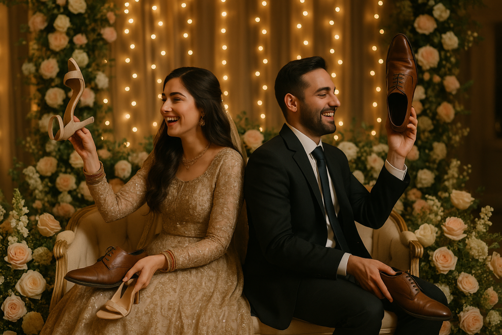 Bride and groom playing the shoe game with warm smiles.