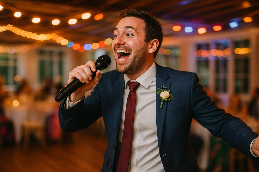 Wedding guest performing karaoke on reception stage.