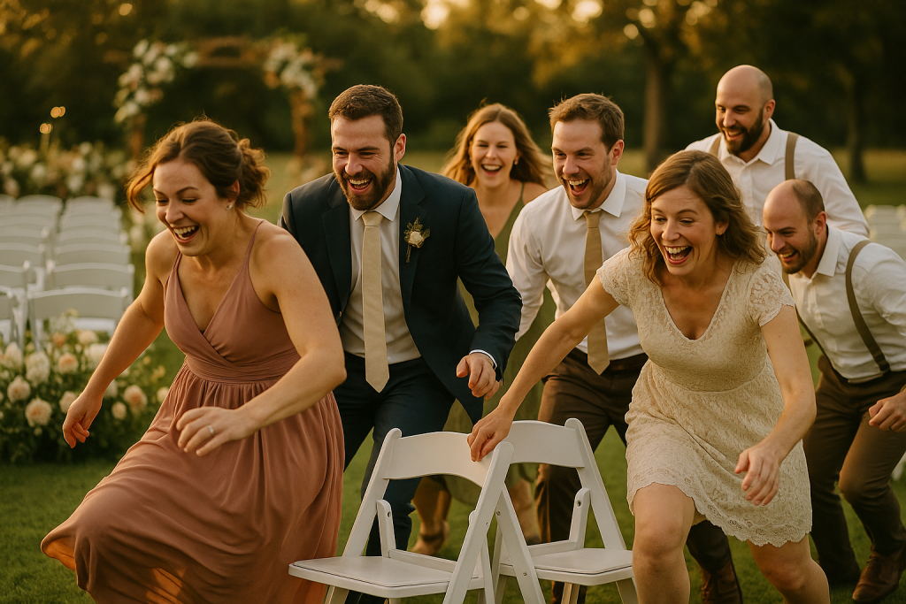 Wedding guests playing musical chairs on the lawn during golden hour.