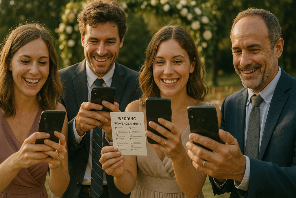 Wedding guests capturing candid moments for a photo scavenger hunt.