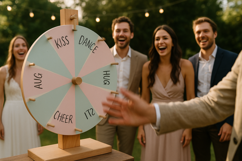 Wedding guest spinning a pastel-colored wheel at outdoor reception.
