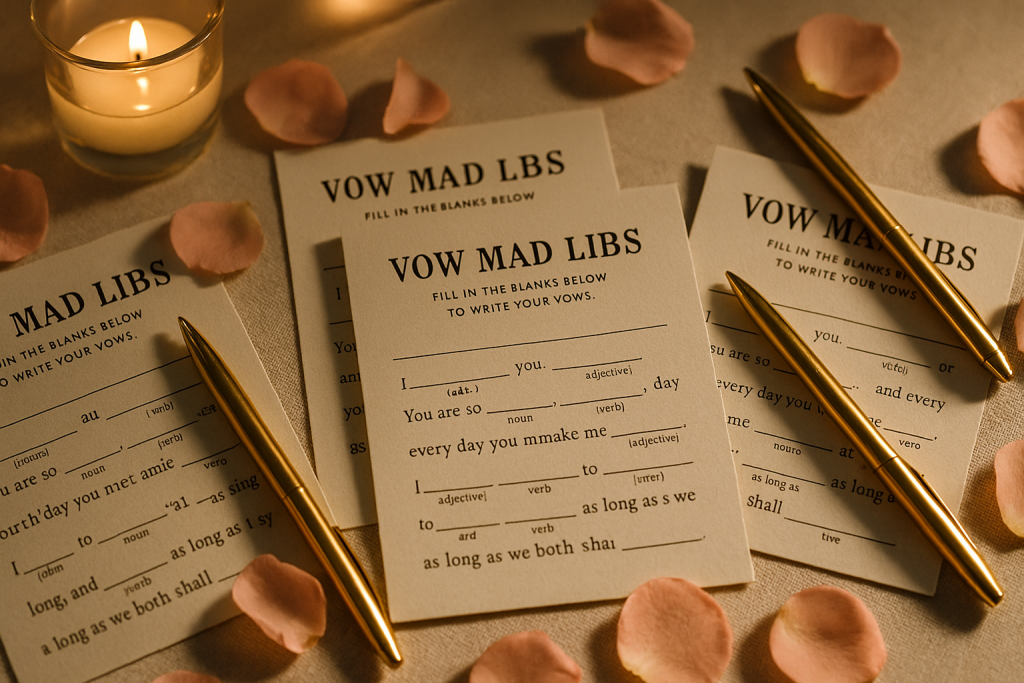 Mad Libs vow cards styled on a candlelit wedding table.