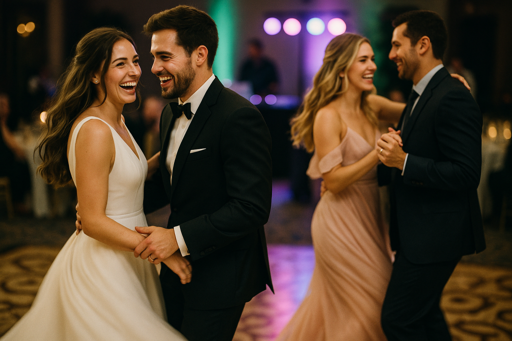 Couples dancing joyfully during a wedding dance-off.