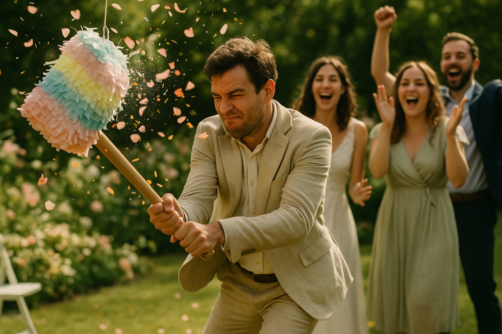 A guest tapping a pastel piñata as wedding guests smile around.