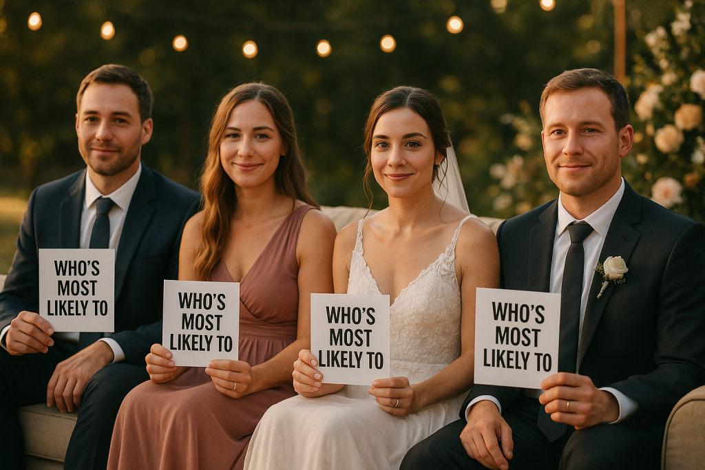 Wedding guests holding "Who’s Most Likely To" signs with soft smiles.