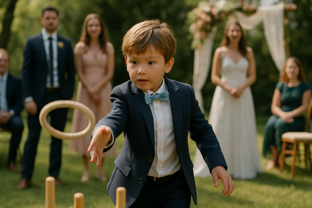 Child focused while playing ring toss at a wedding.