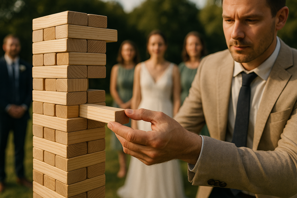Guest focused while playing a large Jenga game outdoors.