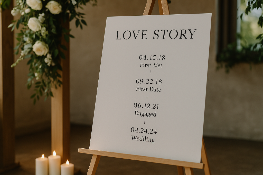 Love story board set against floral wedding backdrop.
