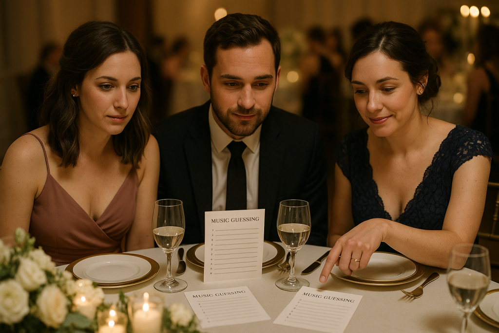 Guests guessing wedding songs at a decorated table.