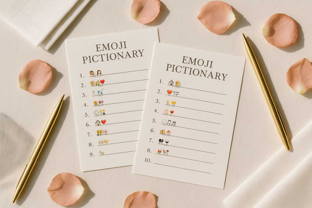 Emoji Pictionary wedding game cards styled with gold pens.