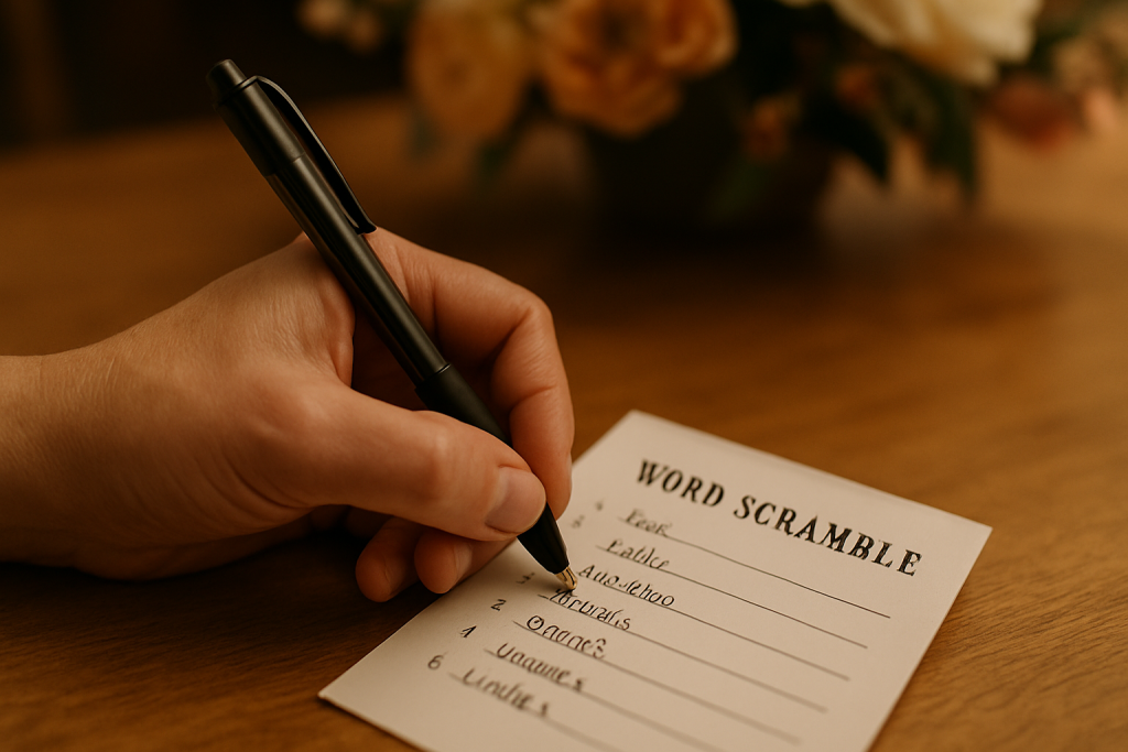Guest filling in a wedding word scramble game card.