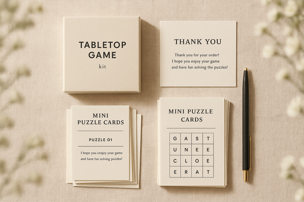 Elegant tabletop wedding games kit on white linen.