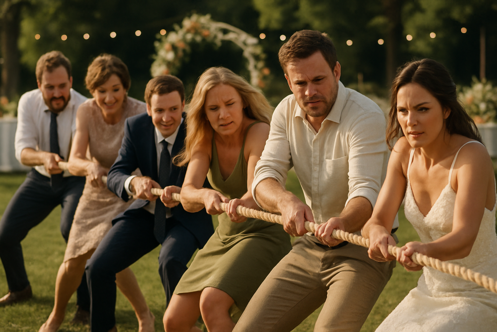 Guests play tug of war on a sunny wedding lawn