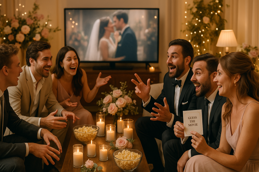 Guests enjoying a wedding party game called “Name That Movie,” guessing iconic wedding scenes from famous films, surrounded by laughter and excitement.