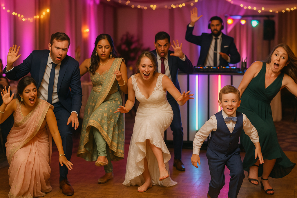 Wedding guests frozen mid-dance during a lively “Dance Freeze” game, with varied and playful expressions under colorful reception lights.