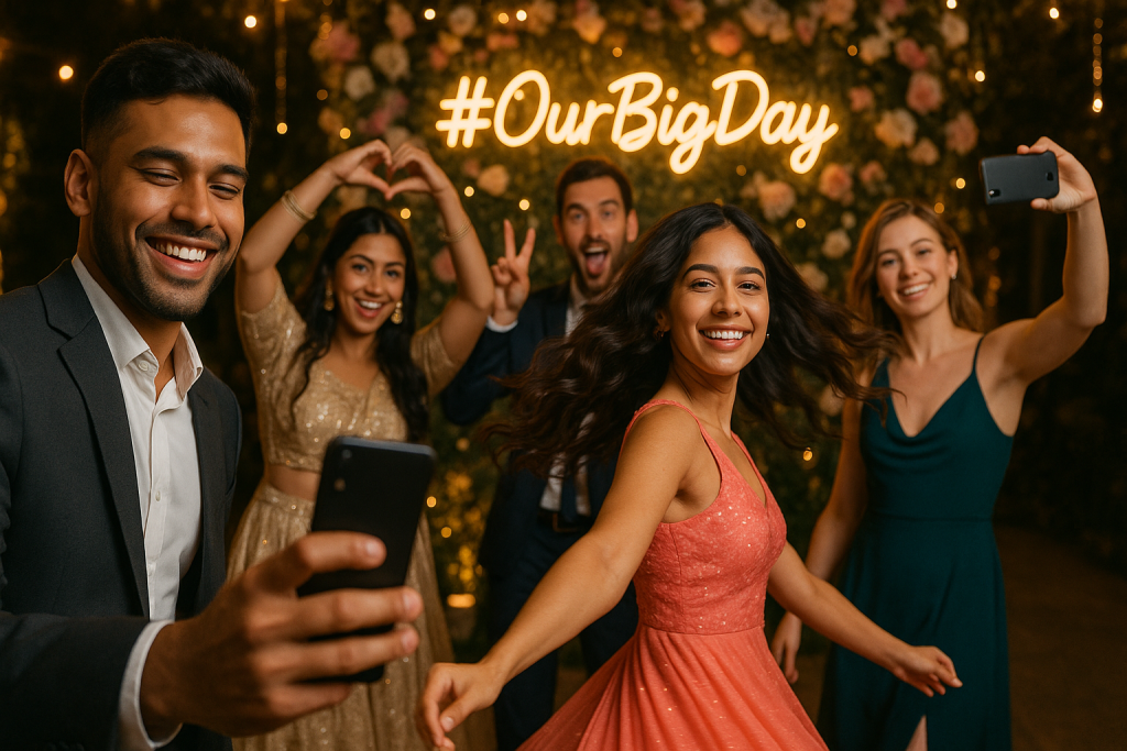 Wedding guests participating in a hashtag challenge, capturing creative photos and reels for social media with a neon wedding hashtag backdrop and festive decor.