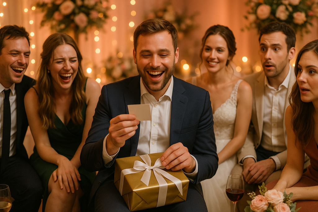 Wedding guests sitting in a circle playing a fun “Pass the Parcel” game, unwrapping a beautifully wrapped gift to reveal a surprise task, surrounded by warm fairy lights and floral décor.